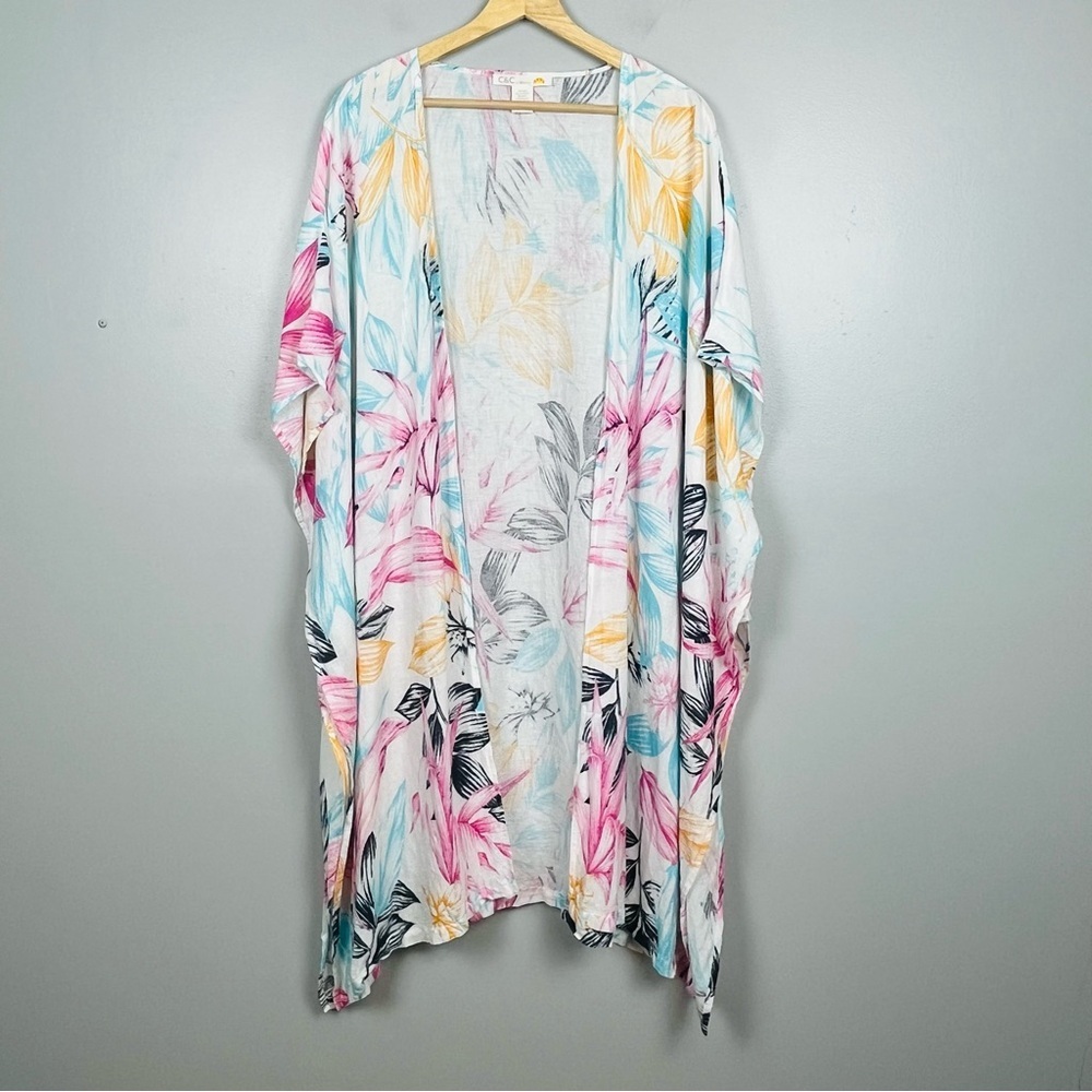 C & C California linen viscose blend tropical floral open front kimono, OS.